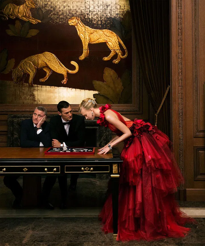 Marchesa gown, $14,995, neimanmarcus.com; Cartier headpiece, earrings, bracelet, and ring, prices upon request, 800-CARTIER.