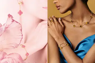 van cleef arpels alhambra | models wearing vintage alhambra yellow gold pink enamel bracelet tiger’s eye blue dress