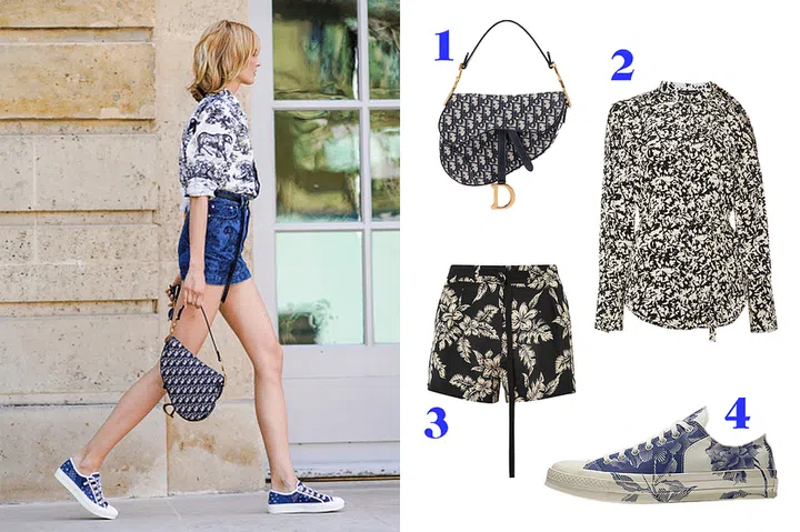 What better way to camouflage a logo handbag than by going all-in and wearing a print on every body part? Pair this iconic Dior Saddle bag with mismatched florals and suddenly it just works. This is the perfect way to dip your toe in the logomania trend, without making it the main focus of your outfit. It's the perfect blend.

Shop similar pieces: 1. Dior saddle bag, in-stores only; 2. Proenza Schouler floral shirt, $310; 3. Moncler printed short, $620; Converse shoe, $85.

Photo: Getty