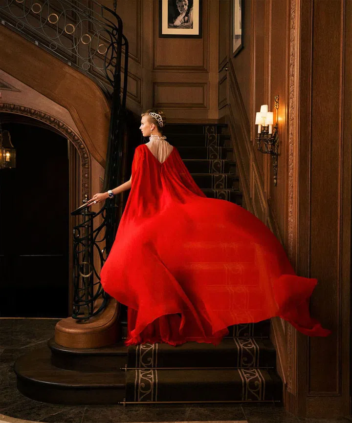 Valentino Haute Couture dress and bodysuit, prices upon request, valentino.com; Cartier tiara, earrings, bracelet, and ring, prices upon request, 800-CARTIER.