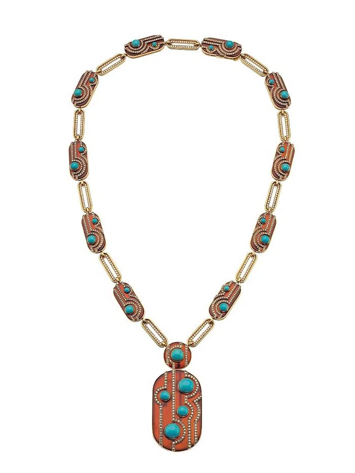Sautoir in gold with cornelian, turquoise and diamonds, ca 1970