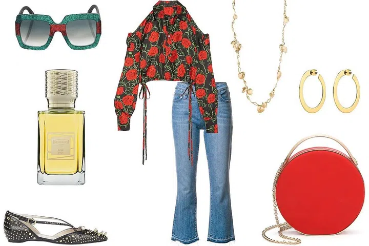 Gucci sunglasses, $400, Alexander Wang top, $550, Aurélie Bidermann necklace, $1,190, Jennifer Fisher earrings, $295, Eddie Borgo bag, $1,490, Derek Lam jeans, $245, Gucci shoe, $1,190, Ex Nihilo fragrance, $225. 