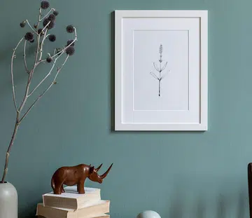 Minimalistic composition of sitting room interior with white mock up picture frame. Design home decor. Template. Eucalyptus color concept.