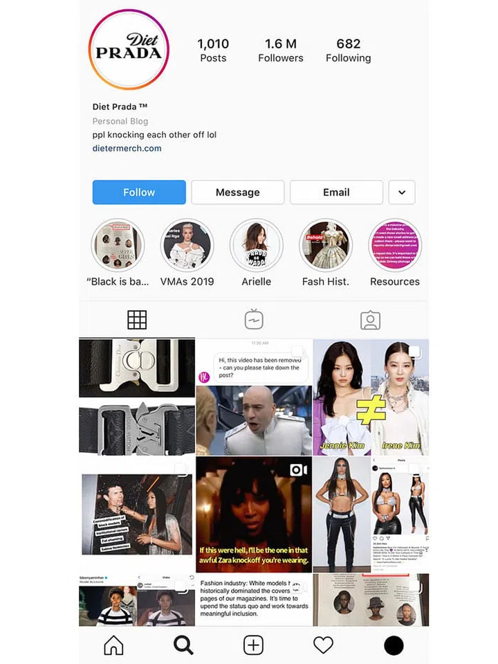 We can’t talk about fashion on Instagram without talking about this formidable fashion account. You know the saying, imitation is the sincerest form of flattery? Well, not for Americans Tony Liu and Lindsey Schuler. The witty whistle-blowers of the rag trade call out designers who blatantly copy another, and champion sartorial authenticity and racial sensitivity.