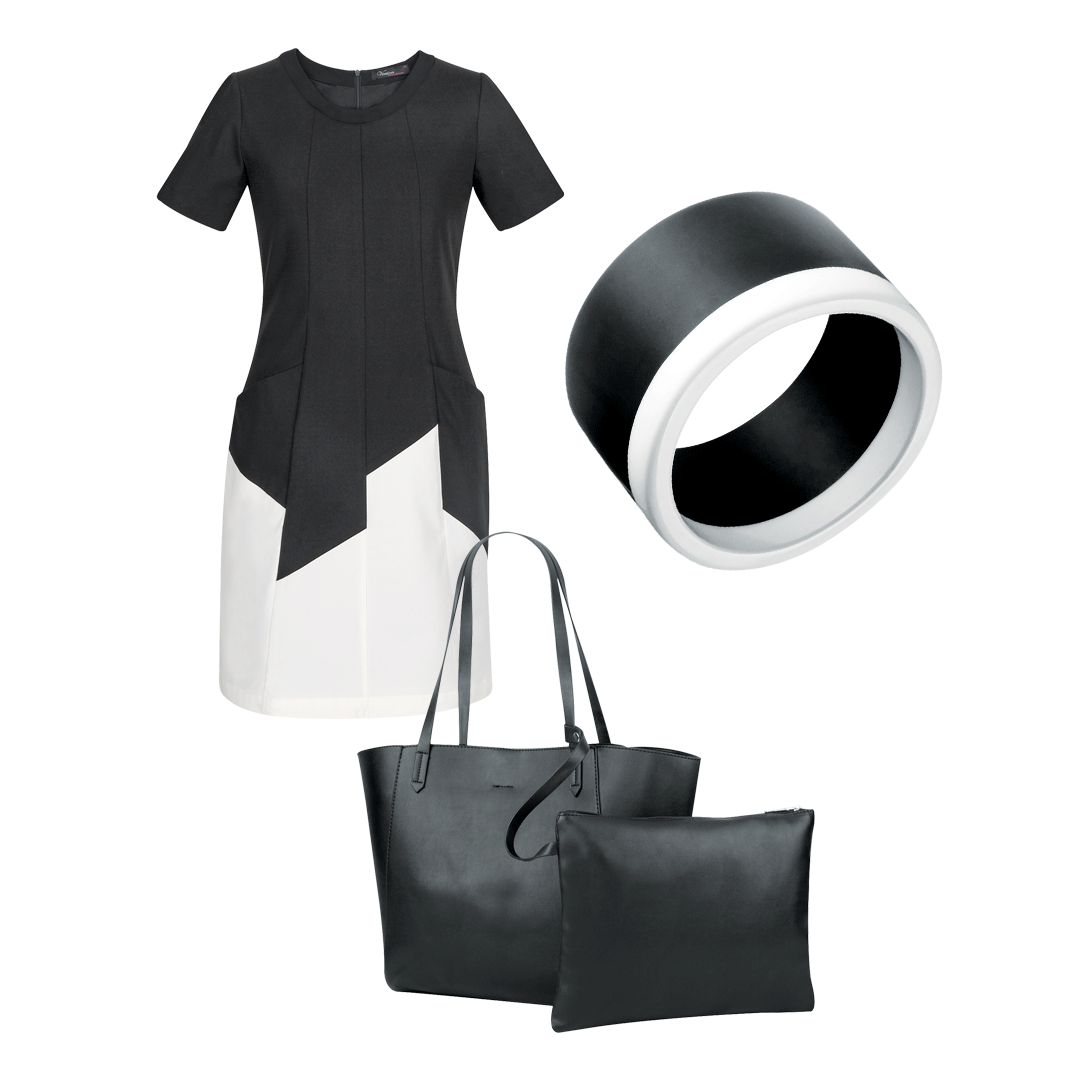 Pocket dress, $189, Version. Bangle, $39, Ebony. Clare 2-in-1 bag, $99, Lver
