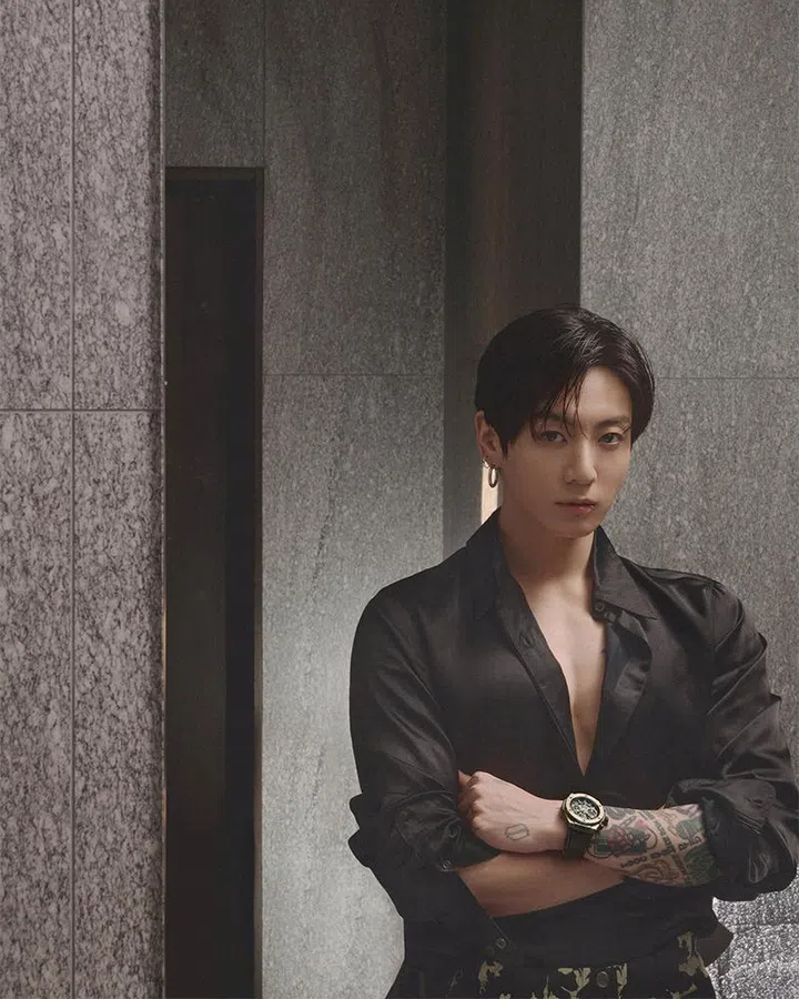 harper’s bazaar singapore june 2026 cover story | jung kook wearing dries van noten  shirt and Big Bang MECA-10 King Gold watch