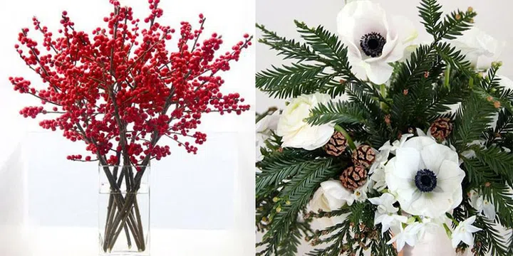 While a poinsettia may be the quintessential holiday flower, we like the idea of arranging more unexpected florals together in winter hues. Think a stand-alone assortment of cranberries, or black and white flowers with pine.