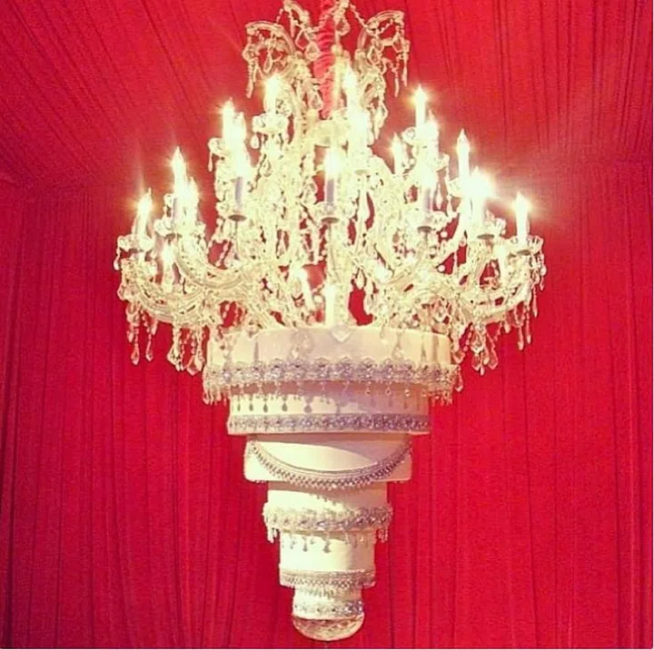 Cake or decor? For Kaley Cuoco and Ryan Sweeting's wedding, they opted to go non-traditional, commissioning an upside-down wedding cake hanging from a chandelier. Created by Kimberly Bailey from The Butter End Cakery, the cake took two hours to install, and had to be held upright by planks and sandbags. When it came time to cut into it, Cuoco had to be assisted by three people to make sure it didn't come crashing down. Photo: Instagram