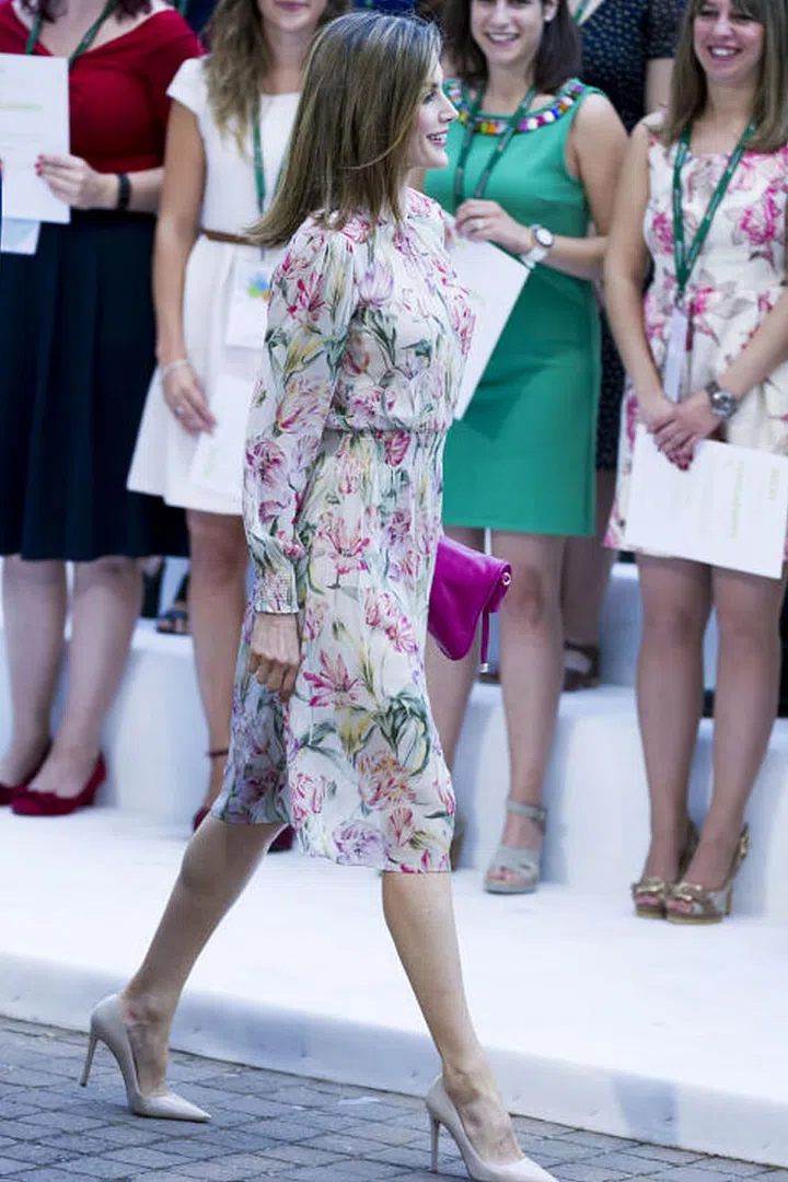 Like many royals, she's a fan of pastels and romantic florals, and like Duchess Kate, she confidently mixes affordable brands and luxury pieces, such as the above dress from Zara, which she paired with Prada pumps.