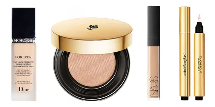 From left: Diorskin Forever Foundation, Lancome Teint Idole Ultra Cushion, NARS Radiant Creamy Concealer, YSL Touche Eclat Face Highlighter Pen. Photo: Courtesy of brands