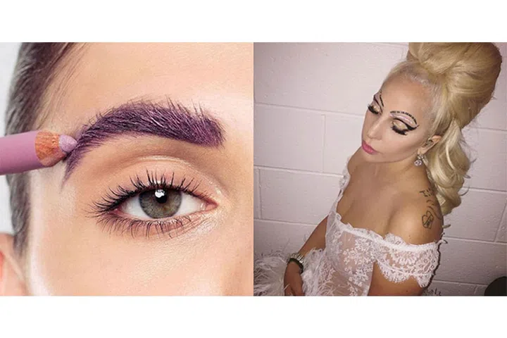 After the Cara Delevingne brow envy quieted down, people (well, Gaga and those who tried the sand art trend) drew attention to their arches with embellishments and temporary color. ; Photo: Instagram