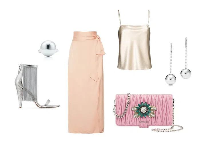 Sterling silver Tiffany HardWear ball ring in 15.75mm, Tiffany &amp; Co. Heeled sandal, Michael Kors Collection. Skirt, Elizabeth &amp; James. Top, Alice &amp; Olivia. Sterling silver Tiffany Hardwear ball hook earrings, Tiffany &amp; Co. Bag, Miu Miu.