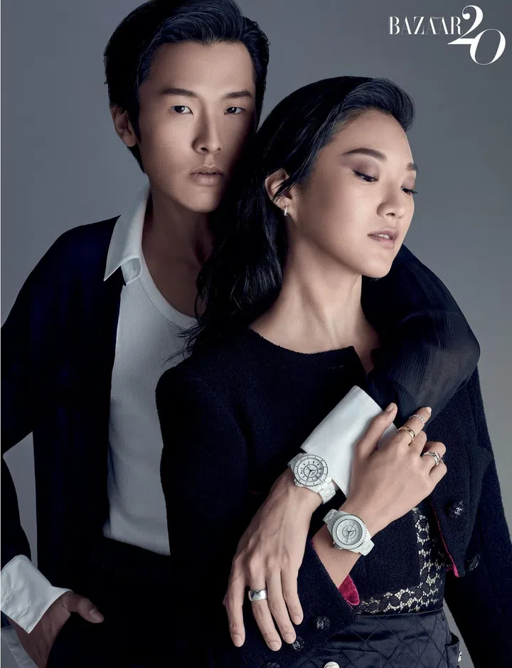(On him) Steel and ceramic J12 watch; white gold Coco Crush ring; (on her) steel, ceramic and diamond J12 Calibre 12.2 Edition 1 watch; Coco Crush earrings in gold; white gold with diamonds; rings in white gold with diamonds; Beige Gold; Beige Gold, white gold and diamond Toi et Moi ring. All watches and jewellery worn throughout the shoot are by Chanel. All clothes are from Chanel’s fall/winter 2021 collection. Photographed by Gan. Styled by Jeffrey Yan. 
