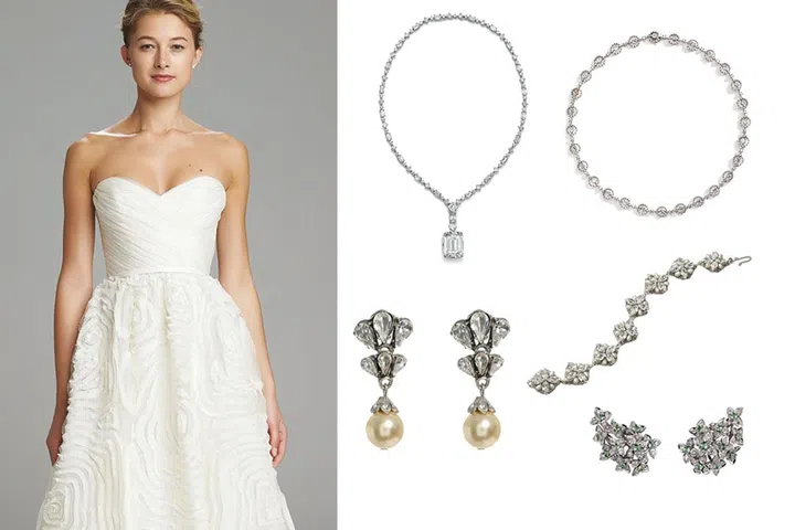 Clockwise from top left: Tiffany Blue Book 2016 diamond necklace, Juliette diamond necklace, Damiani. Elizabeth Bower pearl and Swarovski crystal bracelet, from www.pinwheeljewels.com. Cartier Magicien white gold, tsavorite garnet and diamond earrings.
