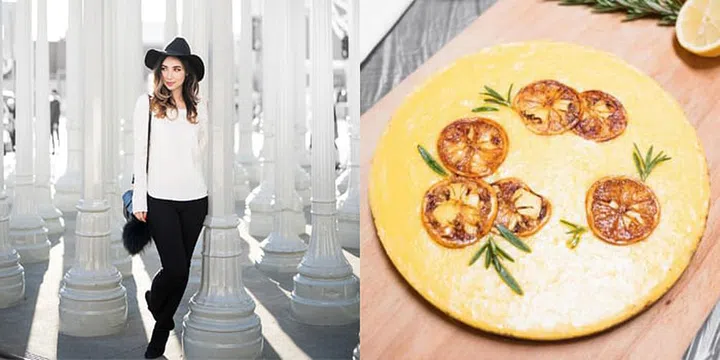 Emily traipsing around the city glamorously by foot on one of her travels, healthy treats to keep her going. Photo: Instagram (@paper_tigress)
