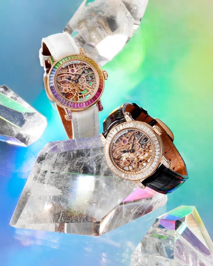 Franck Muller new Round skeleton baguette 31 mm in rose gold sapphire ruby tsavorite diamond