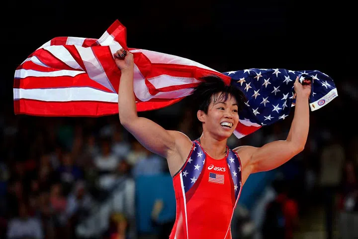 U.S. wrestler Clarissa Kyoko Mei Ling celebrates her bronze medal for women's freestyle wrestling at the London Olympics. Photo: Getty
