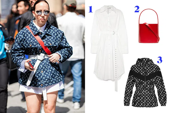 Update your go-to autumn outerwear with this statement-making logo-heavy jacket from Louis Vuitton—there's no doubt all eyes will be on you, however you wear it. Our suggestion: Be prepared for the constant weather fluctuations of fall by layering it over a shirtdress, then strap on your crossbody bag and you're ready to turn heads.

Shop similar pieces: 1. Tibi shirtdress, $595; 2. Staud crossbody bag, $375; 3.Louis Vuitton logo jacket, $3,100.
Photo: Getty