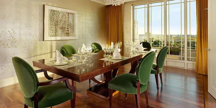 Channel your inner Lady Mary in the Dorchester Hotel's Harlequin Suite. For $6,100 per night, guests have a bevy of butler services on offer, including the option to have your clothes unpacked and repacked for you, clothes pressed and shoes shined to a "Royal Household" standard and a chauffeured round-trip airport or train transfer in an executive saloon. Guests also receive a welcome gin & tonic, and a welcome bottle of Dom Pérignon upon arrival. The Harlequin Suite has a glamorous history—it's where Elizabeth Taylor stayed when she was offered the part in Cleopatra. The pink marble bathroom that was installed for her still remains, and the suite also features a wrap-around terrace overlooking Hyde Park.