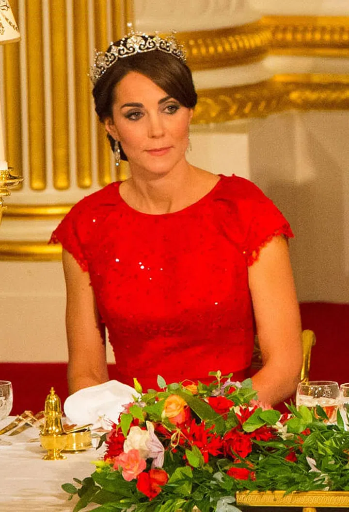 Dressed in the familier red Jenny Packham gown, Kate Middleton wore the Lotus Flower Tiara while attending a state banquet for the Chinese president at Buckingham Palace. This piece was originally a necklace given to the Queen Mother in 1923, but she quickly had it turned into a tiara.
