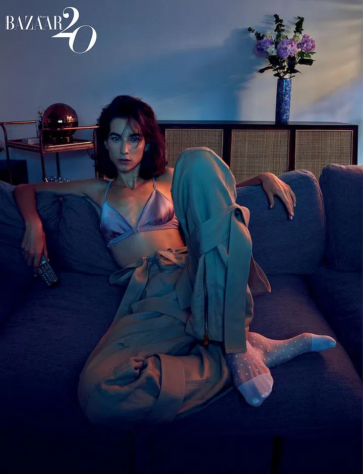Gabardine trousers, from Burberry. Silk bra, stylist’s own. (Photo: Gan)