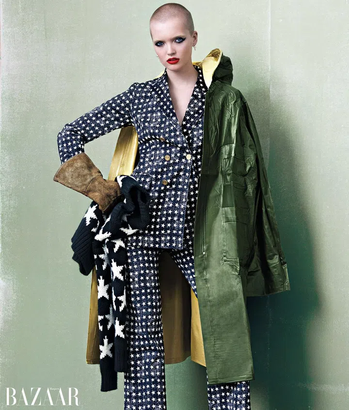 Max Mara blazer, pants, and sweater (in hand).