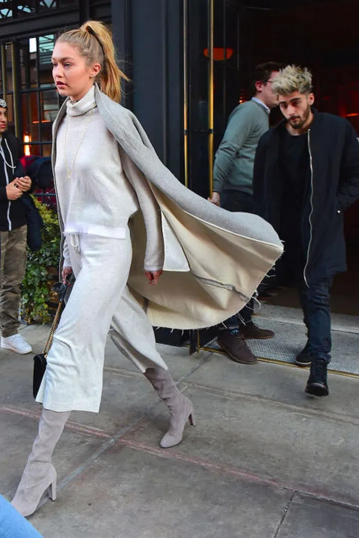 When they went head-to-toe monochrome, Gigi in neutrals and Zayn in black.