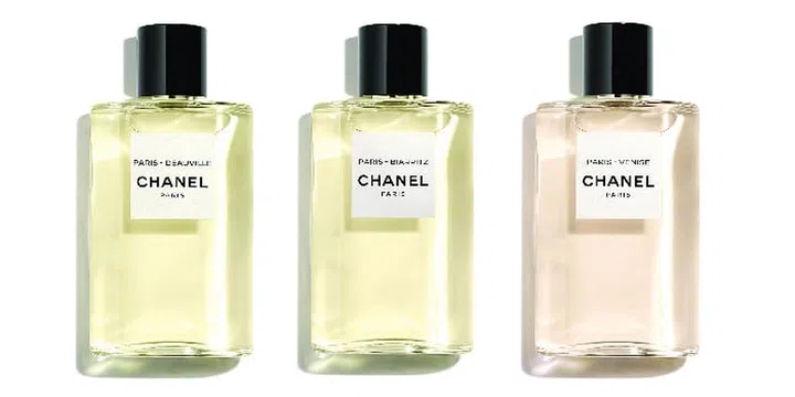 Les Eaux de Chanel Paris-Deaville Eau de Cologne; Les Eaux de Chanel Paris-Biarritz Eau de Cologne; Les Eaux de Chanel Paris-Venice Eau de Cologne, $215 each, Chanel