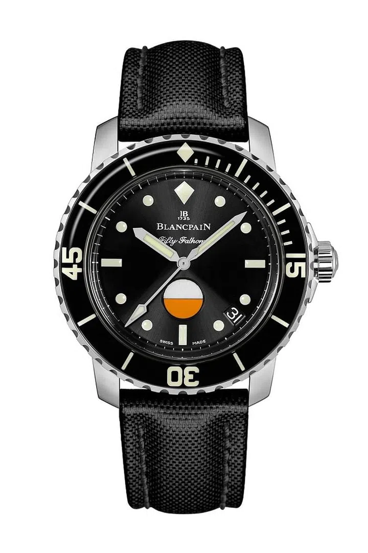 First introduced in 1953, the Fifty Fathoms from Blancpain has some serious name recognition in the world of dive watches. The latest iteration (a 500-piece limited edition) replicates the design of the original 1950s MIL-SPEC 1 right down to the distinctive bright orange water tightness indicator on the dial, but also includes some key modern updates to its automatic movements.