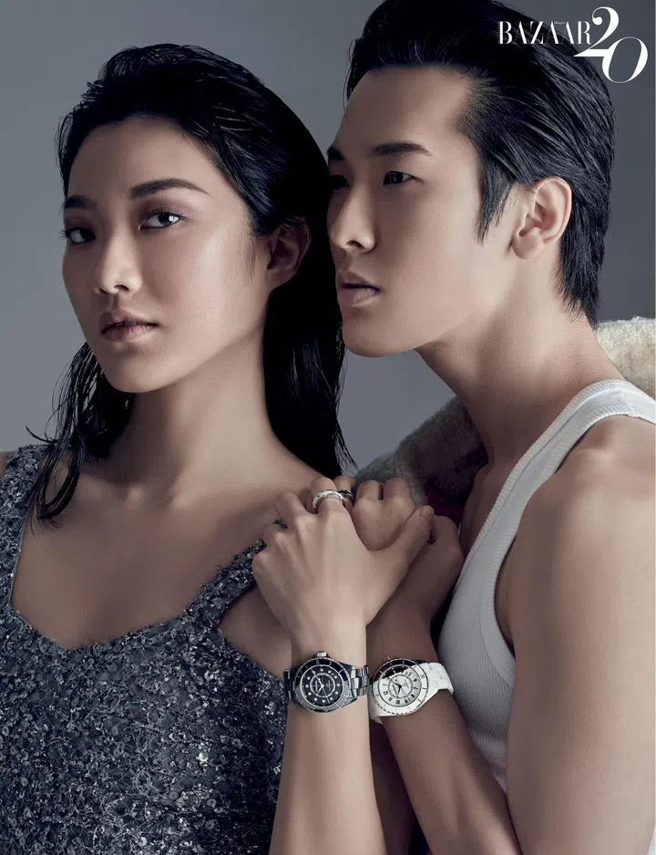 (On her) Steel and ceramic J12 watch; white gold, ceramic and diamond Ultra ring; (on him) steel and ceramic J12 Paradoxe watch; white gold and ceramic Ultra ring. Photographed by Gan. Styled by Jeffrey Yan.
