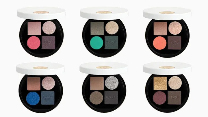 Photo: Hermés Beauty. From top left: 01 Ombres Pétales, 02 Ombres Végétales, 03 Ombres Fauves, 04 Ombres Marines, 05 Ombres Fumées, 06 Ombres Mordorées  