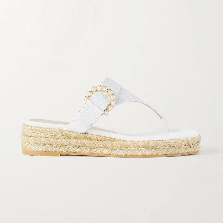 Faux Pearl-Embellished Raffia Espadrille Platform Sandals, $437, Stuart Weitzman at Net-a-Porter