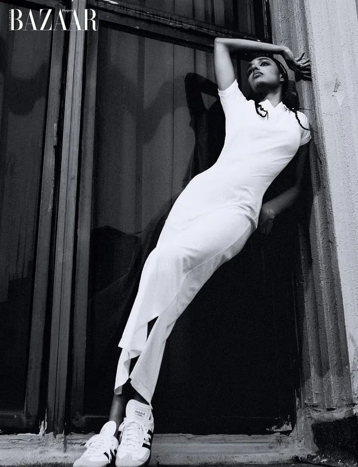 Dress, Prada. Adidas Samba sneakers, Adidas. Headband, stylist’s own