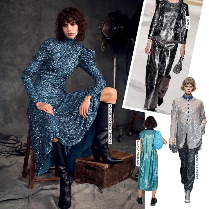 In moments of darkness, fashion can offer a glimmer of beauty—sometimes literally. Gold and silver goddess gowns showed up at Gucci and Moschino, but high shine doesn’t have to be relegated to only evenings. Chanel, Armani and Oscar de la Renta offered brilliant separates to brighten up the day, while Bottega Veneta and Michael Kors Collection paired liquid dresses with tough-girl boots for street edge. 
