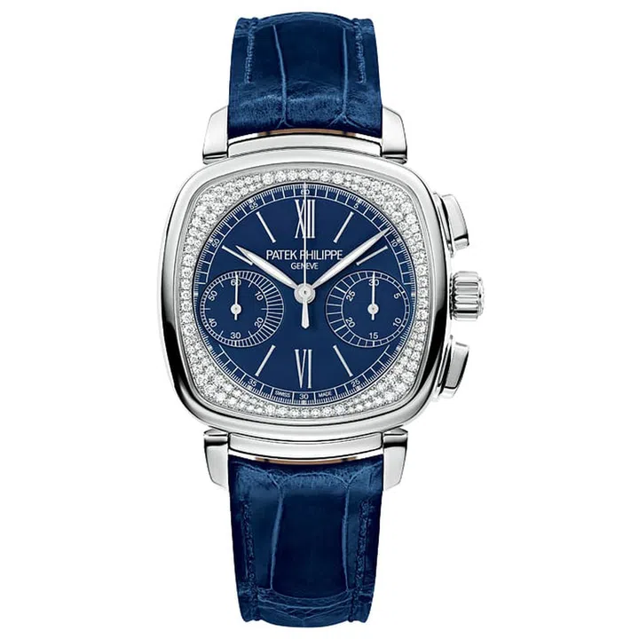 When Patek Philippe launched its Ladies First Chronograph in 2009, it caused quite a stir with its
graceful, rose gold cushion-shaped case plus a brand new manual-wind chronograph movement (a first for Patek Philippe) that took the watchmaker five years to develop. And in an unprecedented move, they released it in a ladies watch, leaving many men disgruntled (much to our glee). This elegant blue version is a fitting addition to that aristocratic collection.