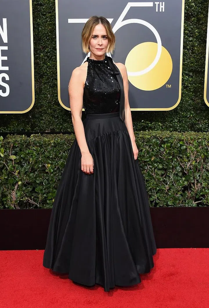 BEVERLY HILLS, CA - JANUARY 07:  75th ANNUAL GOLDEN GLOBE AWARDS -- Pictured: Actor Sarah Paulson arrives to the 75th Annual Golden Globe Awards held at the Beverly Hilton Hotel on January 7, 2018.  (Photo by Kevork Djansezian/NBC/NBCU Photo Bank via Getty Images)
