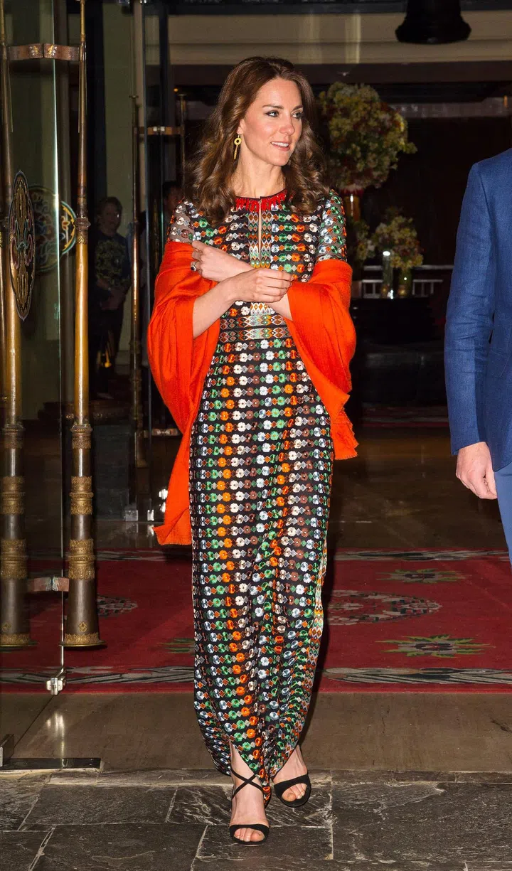 Middleton wore a Tory Burch maxi dress to a private dinner with the King of Bhutan.
