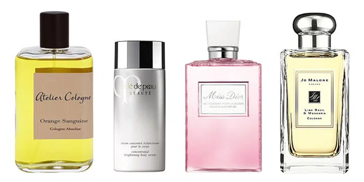 From left: Atelier Cologne Orange Sanguine, Cle De Peau Brightening Body Serum, Miss Dior Shower Gel, Jo Malone Nectarine & Blossom Cologne. Photo: Courtesy of brands