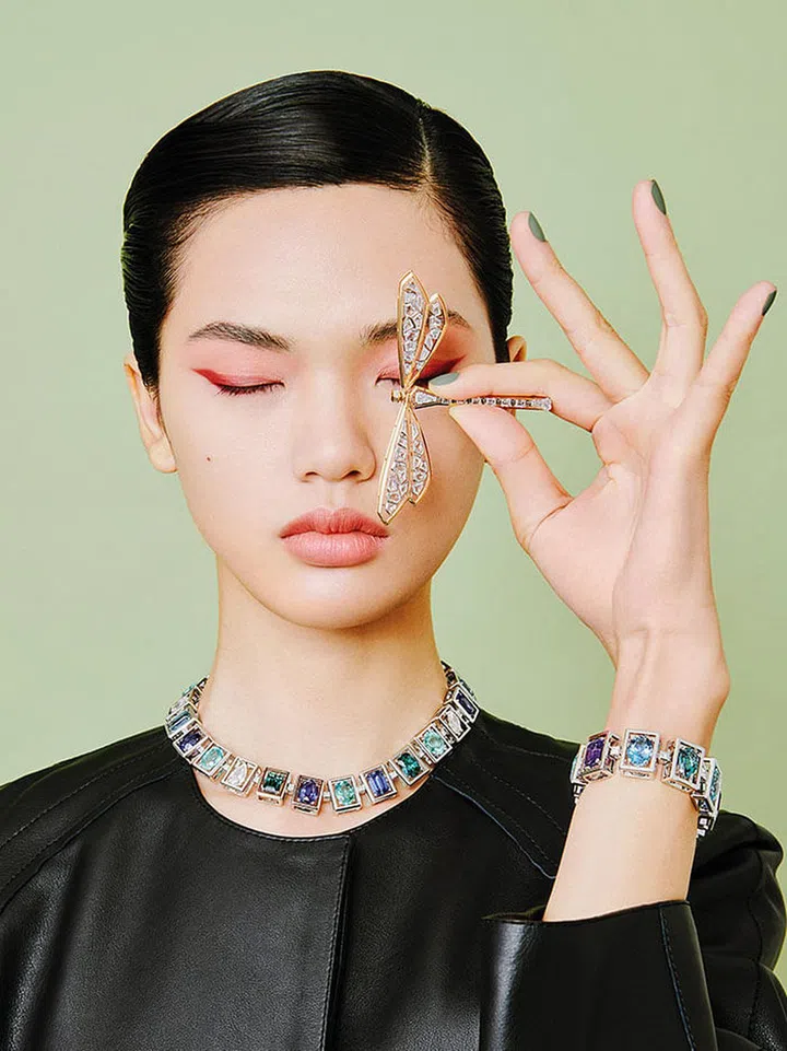 Gold, platinum and diamond brooch; platinum and multi-stone necklace; platinum and multi-stone bracelet. Leather coat, Loewe.