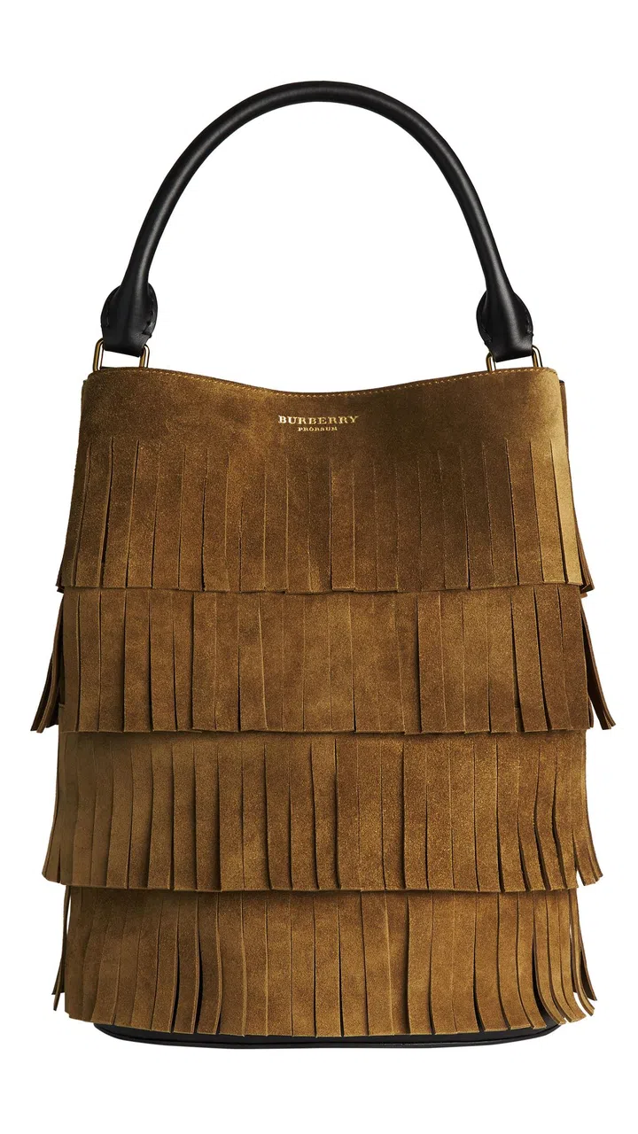 The Bucket Bag in dark olive English suede with overlaid fringing