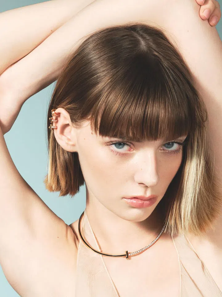 Rose gold and diamond Tiffany T T1 ear cuff, $12,500; rose gold and diamond Tiffany T T1 necklace, $46,500, Tiffany & Co. Top, Miu Miu