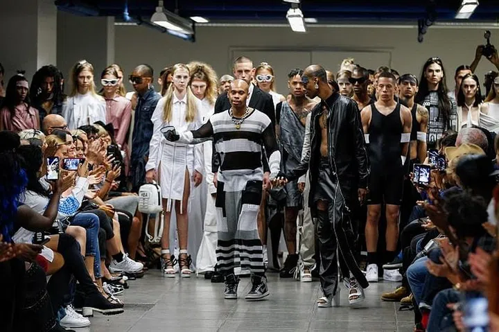 NEW YORK, NY - SEPTEMBER 13:  Shayne Oliver on the runway after presenting Hood by Air Spring 2016 during New York Fashion Week on September 13, 2015 in New York City.  (Photo by Thomas Concordia/WireImage)