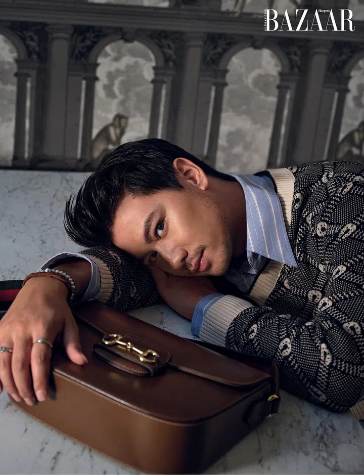 Sweater, shirt, and bag, all from Gucci. Bracelets, Russell’s own. (Photo: Wee Khim)