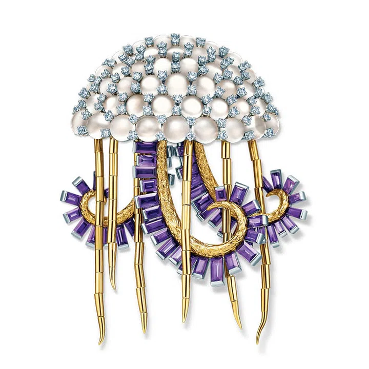 Jean Schlumberger’s designs for Tiffany & Co. are instantly recognisable by their intricate details and imaginative whimsy. The organic shape and tentacles of this Schlumberger jellyfish are realised in vividly hued gems that replicate the tonalities of nature. 