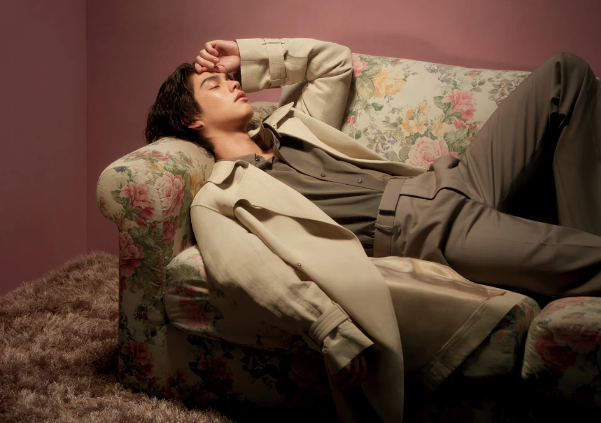 Trench coat; shirt; trousers, Burberry.