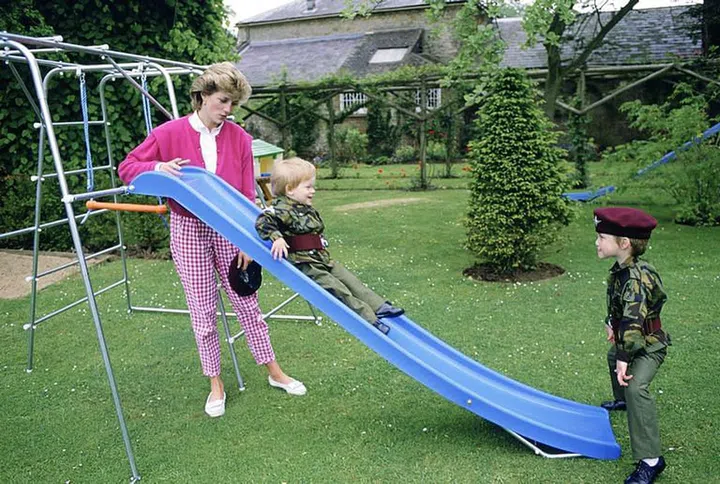 William and Harry, both wearing mini military uniforms, play on a slide at home with Princess Diana.
Photo: Getty 
