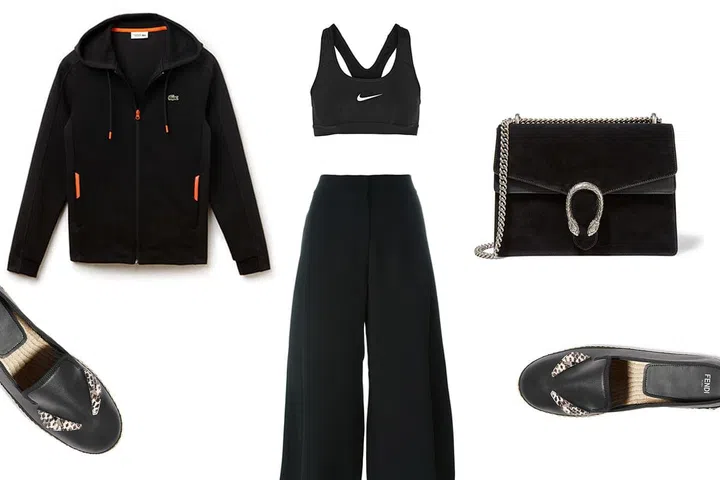 Tennis hooded zippered sweatshirt, Lacoste Sport. Pro classic Dri-FIT stretch-jersey, Nike. Crepe culottes, Victoria Beckham Denim. Dionysus large leather-trimmed shoulder bag, Gucci. Bag bugs leather espadrilles, Fendi. 