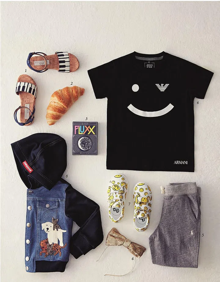 1. Sandals, $260, Stella McCartney Kids 2. Croissant, $4, Beanstro, The Coffee Bean & Tea Leaf
3. FLUXX Card Game, $34.86, Hamleys of London 4. T-Shirt, $140, Armani Junior 
5. Sweatpants, $150, Ralph Lauren Children 6. Hairband, $90, Bonpoint 
7. Sneakers, $350, Joshua Sanders Kids at Kids 21 8. Hoodie, $770, Dolce&Gabbana Junior