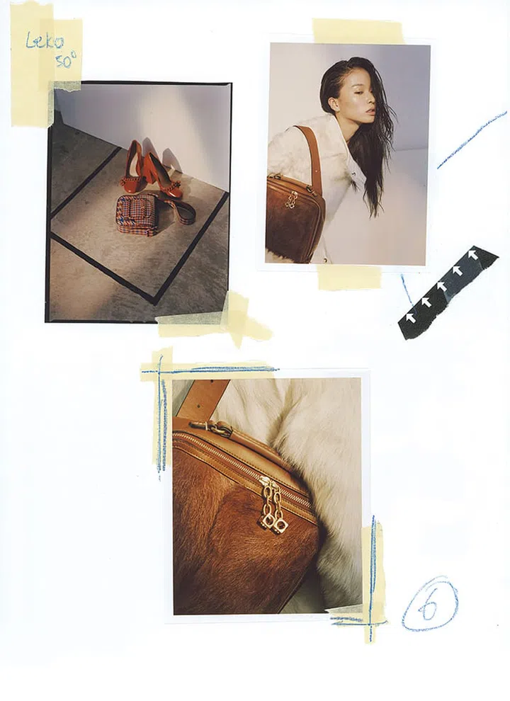 From top: Coat; bag; shoes; bag; coat; bag