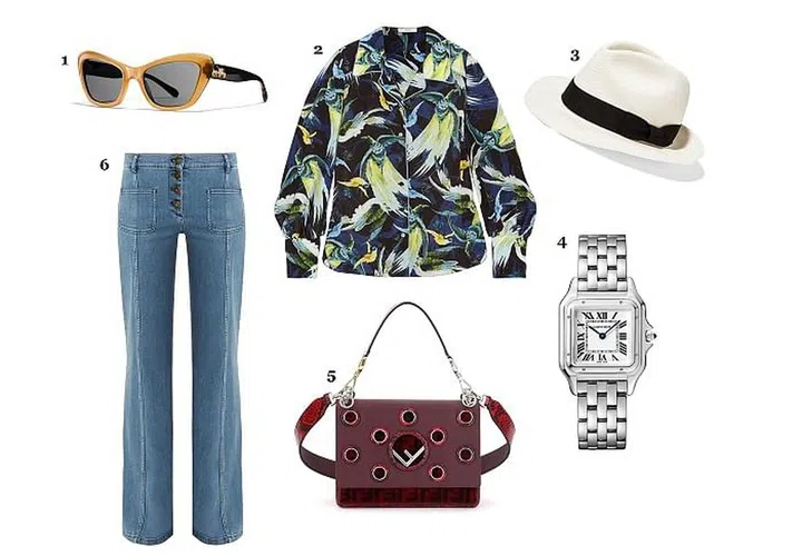 1. Sunglassses, Coach 2. Shirt, Erdem at Net-a-Porter 3. Hat, Sensi Studio at Net-a-Porter 4. Watch, Cartier 5. Bag, Fendi 6. Jeans, Chloé